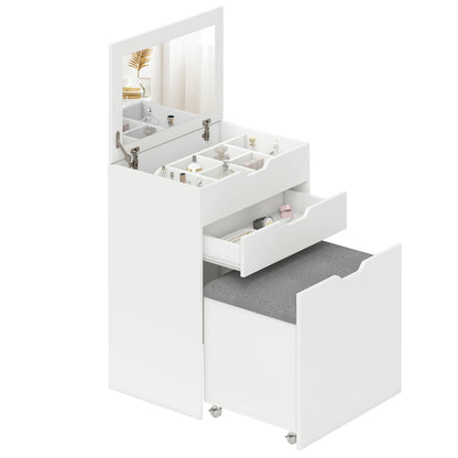 Bedroom Vanity with Mirror and Matching Stool, Makeup Table with Hidden Compartment and Wooden Drawer, White