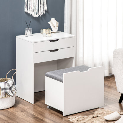 Bedroom Vanity with Mirror and Matching Stool, Makeup Table with Hidden Compartment and Wooden Drawer, White
