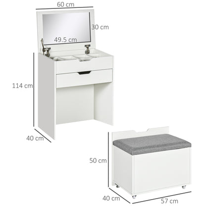 Bedroom Vanity with Mirror and Matching Stool, Makeup Table with Hidden Compartment and Wooden Drawer, White