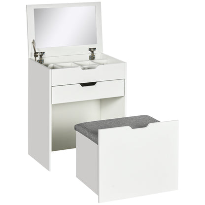 Bedroom Vanity with Mirror and Matching Stool, Makeup Table with Hidden Compartment and Wooden Drawer, White