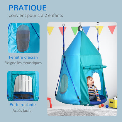 Bird Nest Swing with Removable Tent Ø 100 cm, max load 150 Kg for children 3-8 years - adjustable rope height 120 to 180 cm - blue