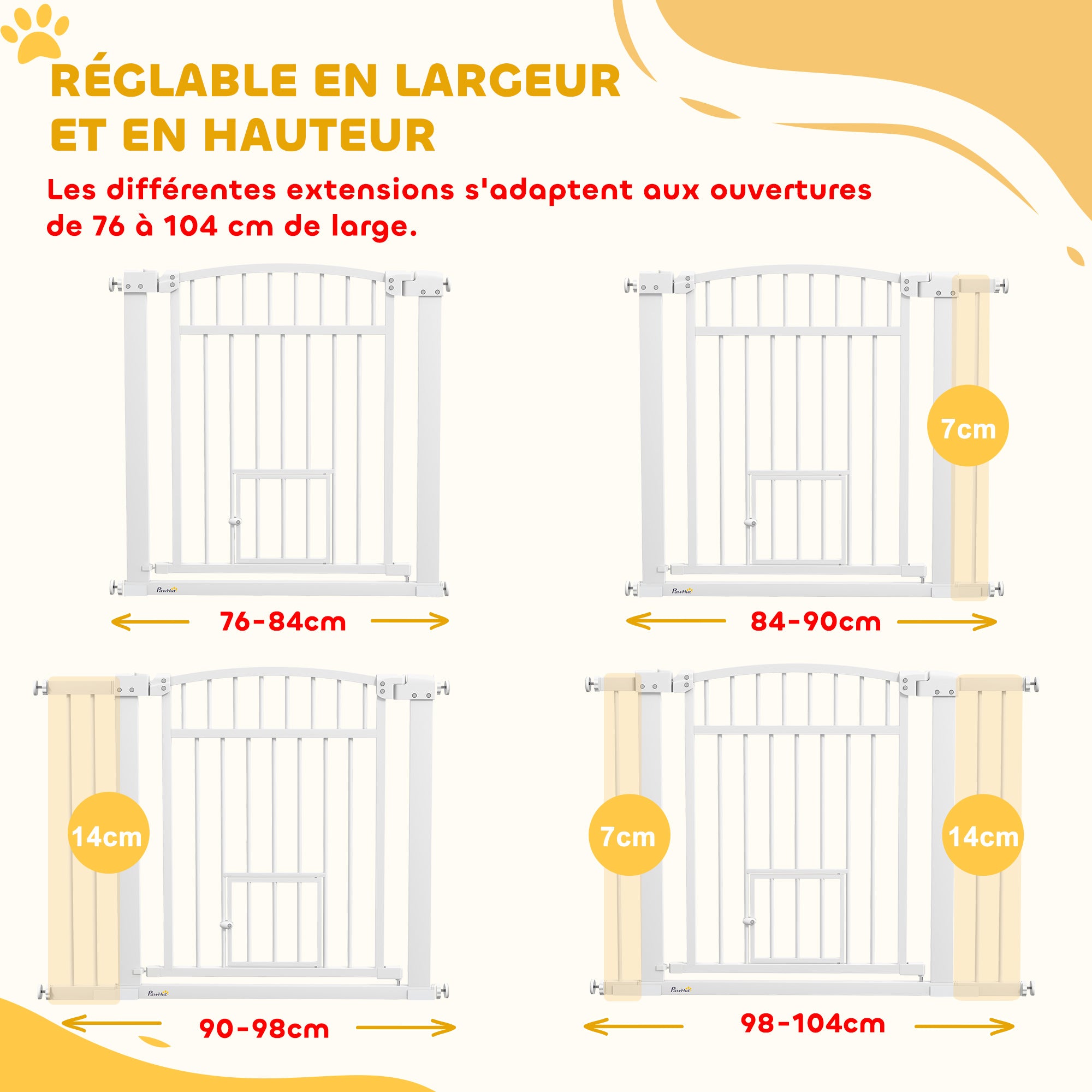 Extensible Dog Safety Barrier 76-104 x 77 cm, stair and door barrier with double locking system, pressure or drilling mounting, dog and cat barrier, white