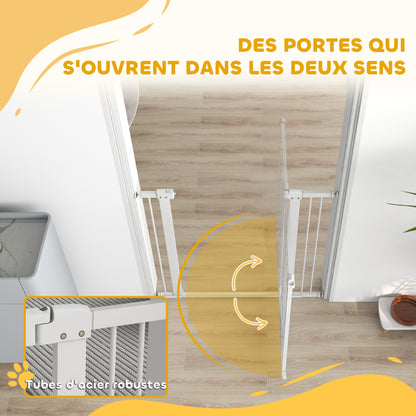 Extensible Dog Safety Barrier 76-104 x 77 cm, stair and door barrier with double locking system, pressure or drilling mounting, dog and cat barrier, white