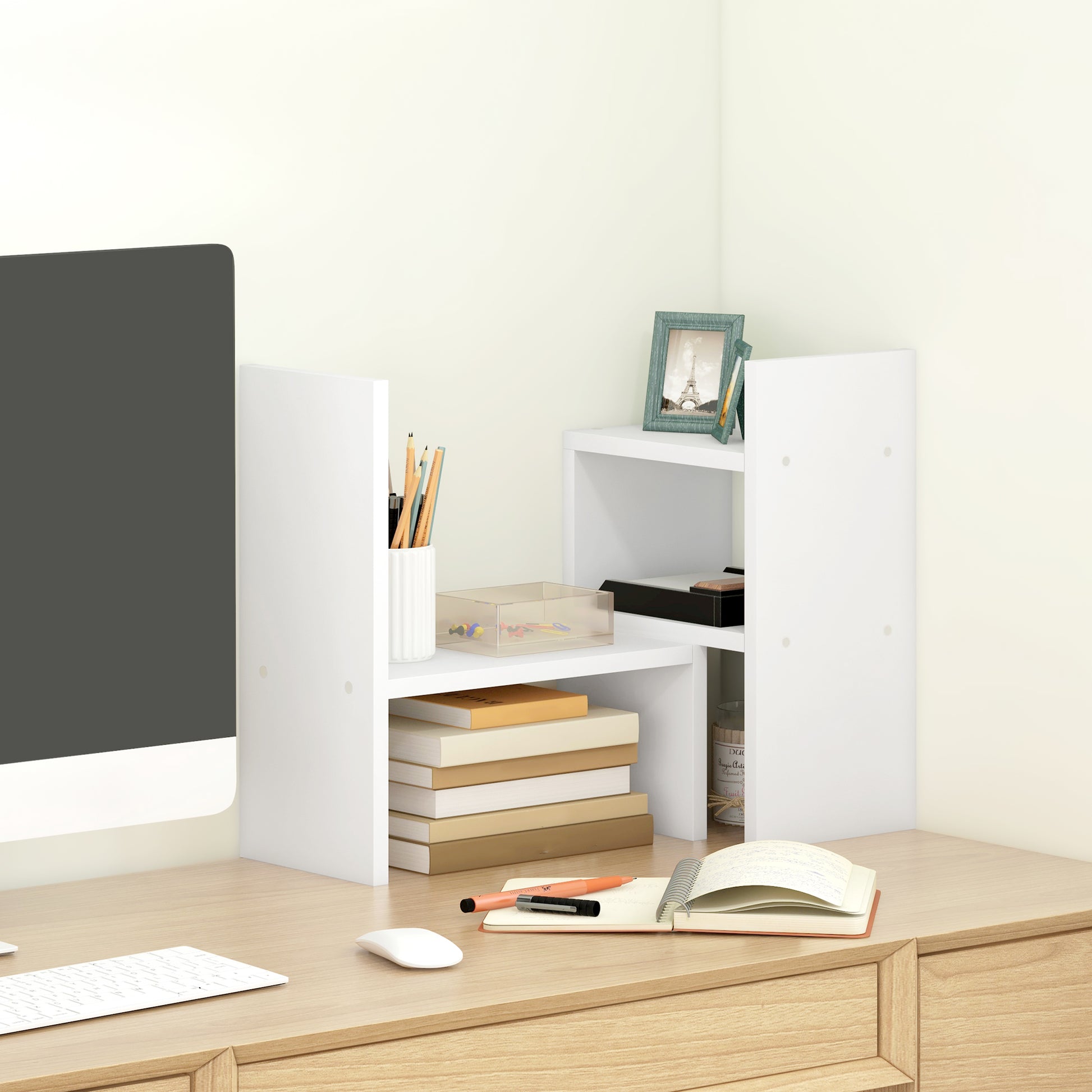 Modular Desk Shelf, Multifunctional Desk Organizer, Desktop Shelf Organizer 2 Pieces in White Wood