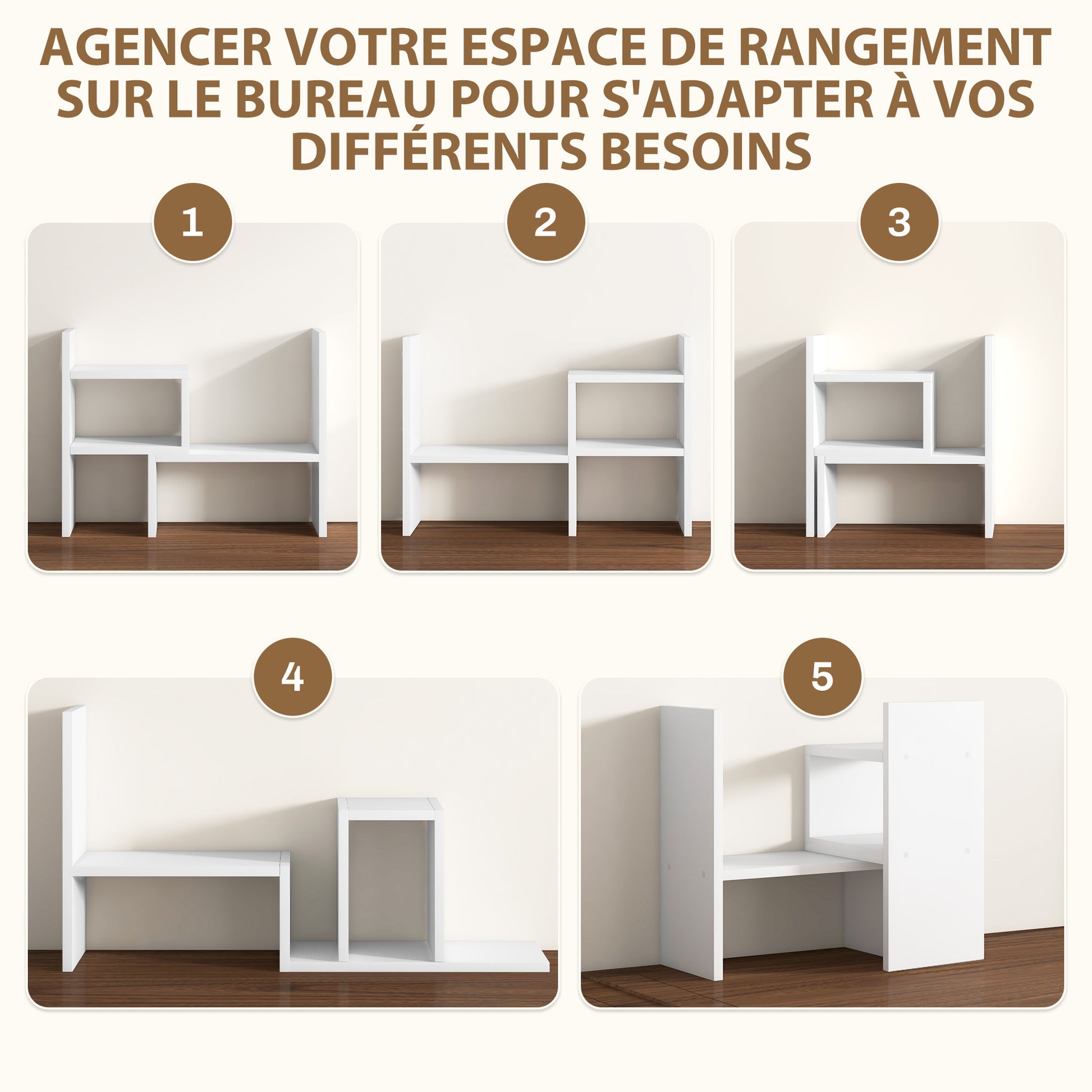 Modular Desk Shelf, Multifunctional Desk Organizer, Desktop Shelf Organizer 2 Pieces in White Wood