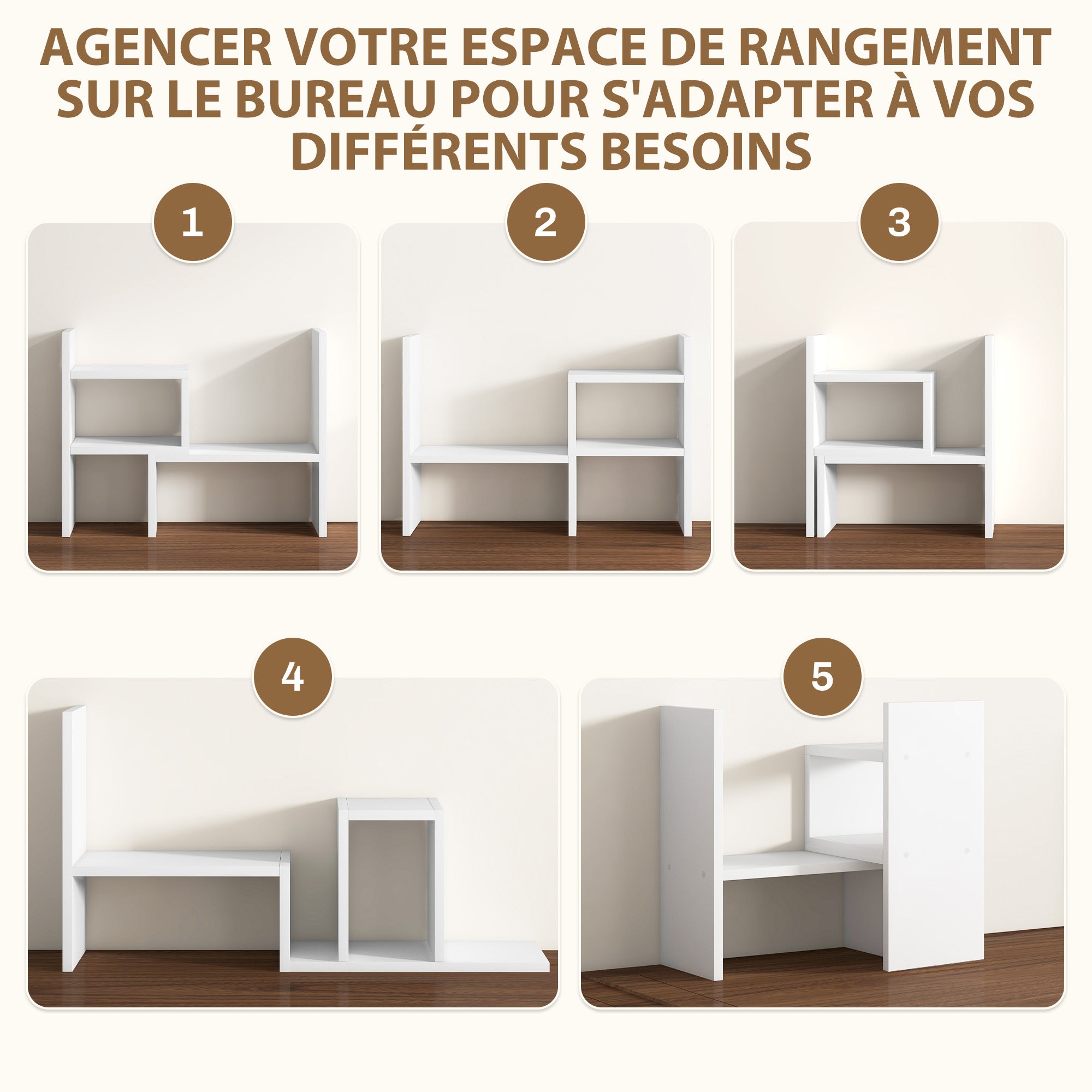 Modular Desk Shelf, Multifunctional Desk Organizer, Desktop Shelf Organizer 2 Pieces in White Wood