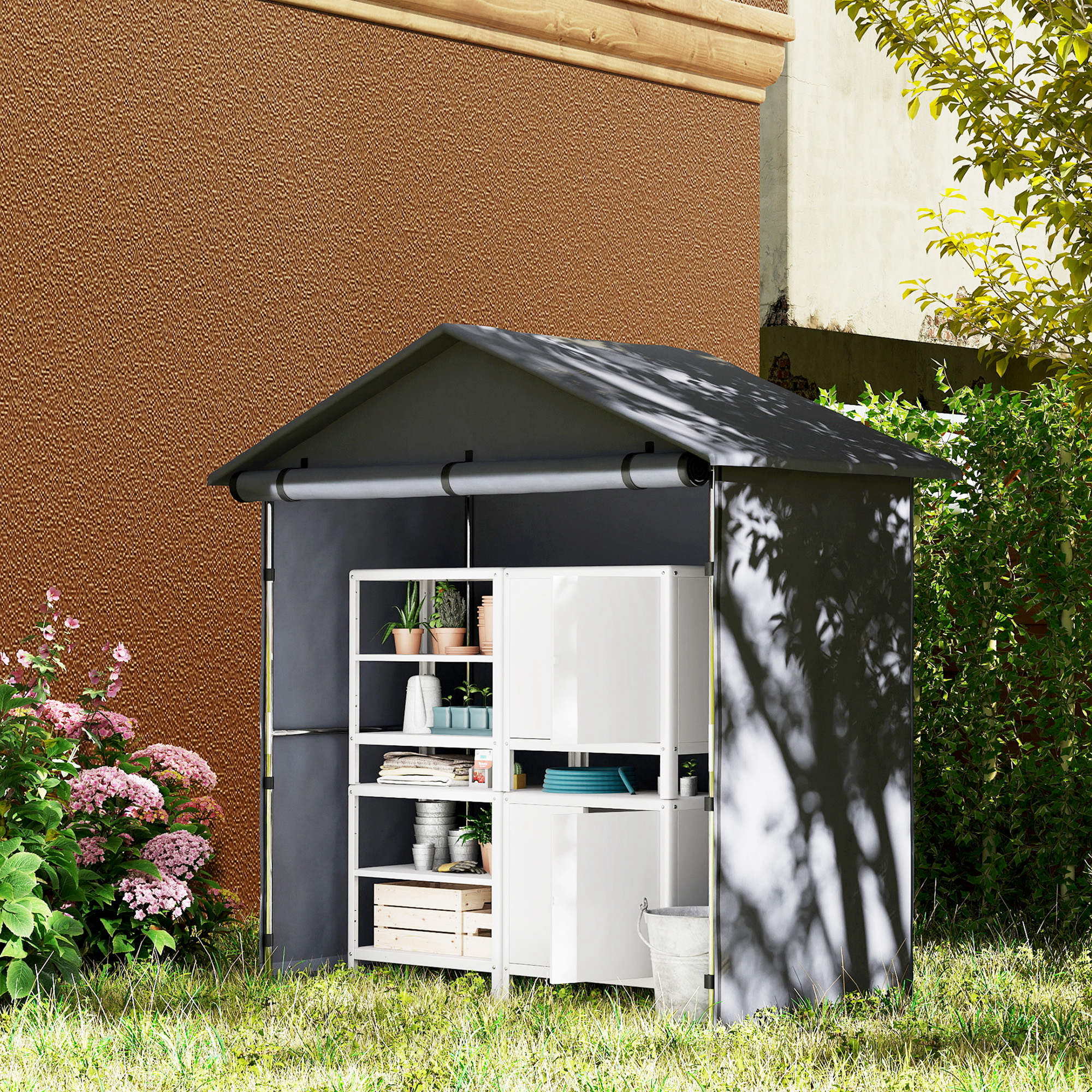 Garage Tent 1.1x2m with Roll-up Entrance, Ropes and Pegs, Zinc-Coated Steel and 420D Oxford Outdoor Garage for Bikes and Gardening Tools, UV30+, Dark Grey