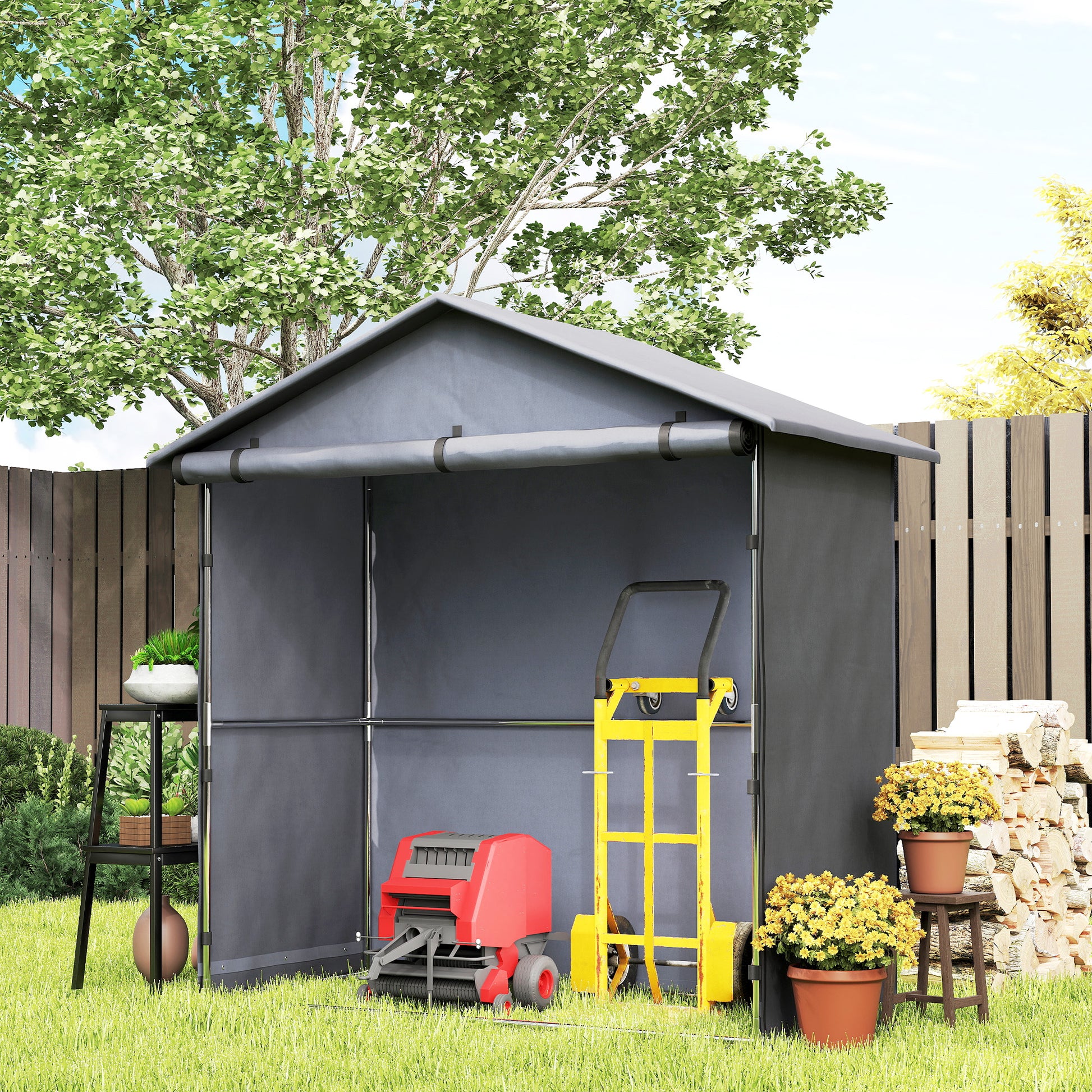 Garage Tent 1.1x2m with Roll-up Entrance, Ropes and Pegs, Zinc-Coated Steel and 420D Oxford Outdoor Garage for Bikes and Gardening Tools, UV30+, Dark Grey
