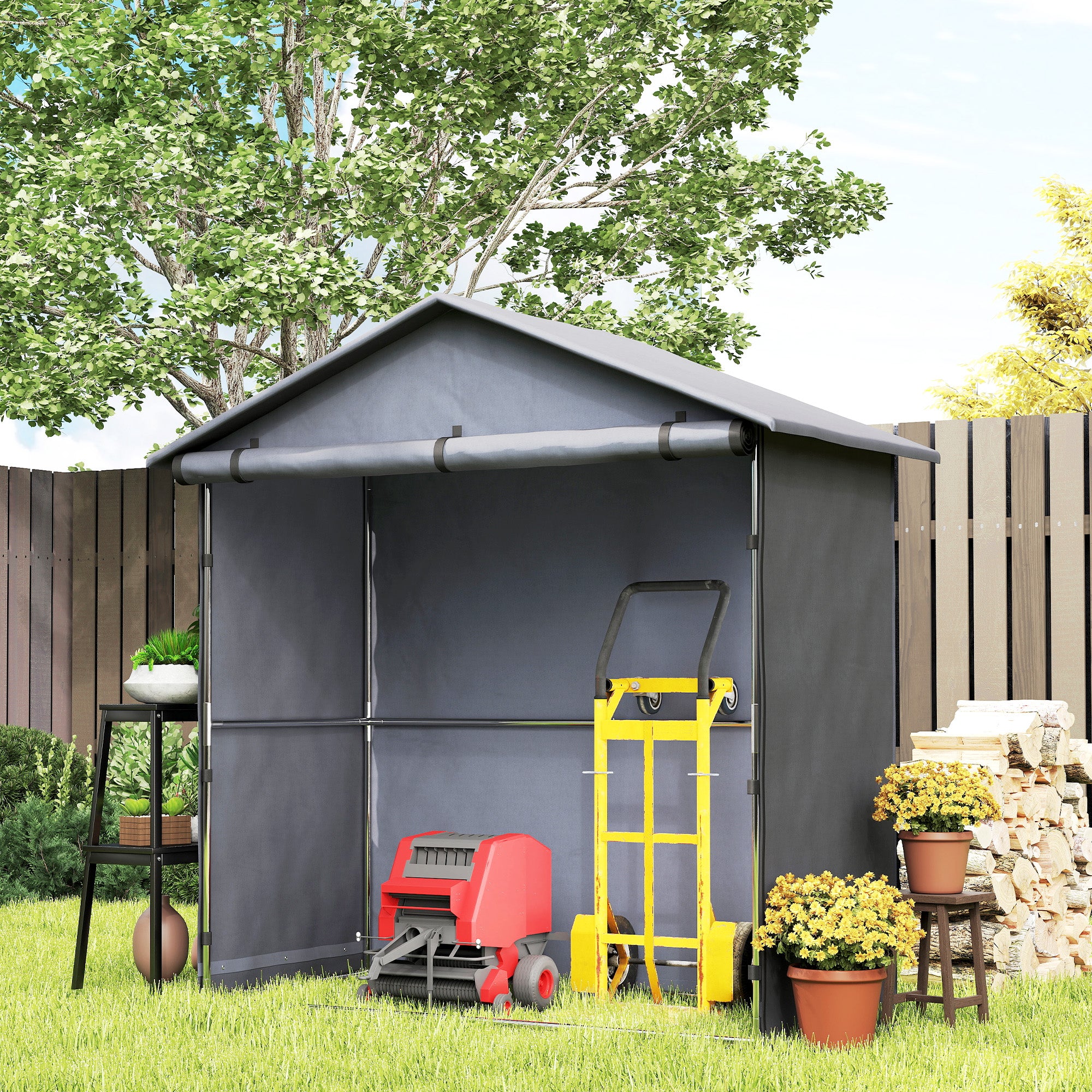 Garage Tent 1.1x2m with Roll-up Entrance, Ropes and Pegs, Zinc-Coated Steel and 420D Oxford Outdoor Garage for Bikes and Gardening Tools, UV30+, Dark Grey