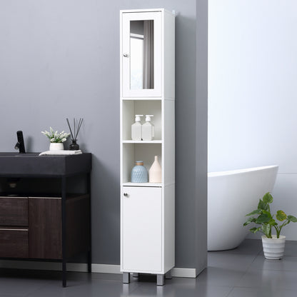 Bathroom Storage Tower, Tall Bathroom Cabinet, Storage Unit, 2 Cabinets (1 with Mirror), 6 Shelves, Adjustable Shelves, 30 x 28 x 180 cm, White