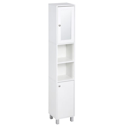 Bathroom Storage Tower, Tall Bathroom Cabinet, Storage Unit, 2 Cabinets (1 with Mirror), 6 Shelves, Adjustable Shelves, 30 x 28 x 180 cm, White
