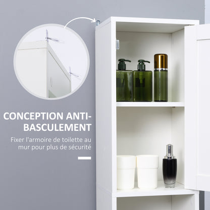 Bathroom Storage Tower, Tall Bathroom Cabinet, Storage Unit, 2 Cabinets (1 with Mirror), 6 Shelves, Adjustable Shelves, 30 x 28 x 180 cm, White