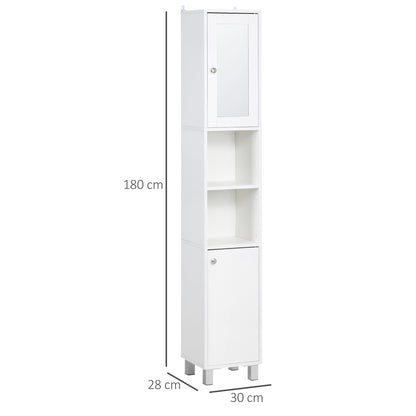 Bathroom Storage Tower, Tall Bathroom Cabinet, Storage Unit, 2 Cabinets (1 with Mirror), 6 Shelves, Adjustable Shelves, 30 x 28 x 180 cm, White