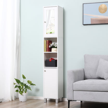 Bathroom Storage Tower, Tall Bathroom Cabinet, Storage Unit, 2 Cabinets (1 with Mirror), 6 Shelves, Adjustable Shelves, 30 x 28 x 180 cm, White