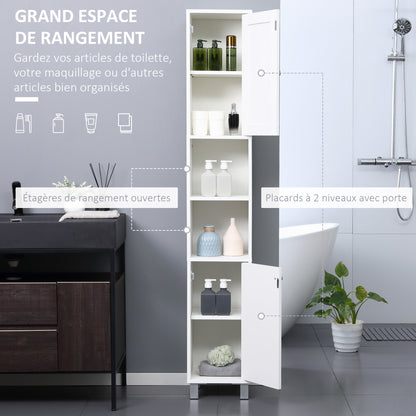 Bathroom Storage Tower, Tall Bathroom Cabinet, Storage Unit, 2 Cabinets (1 with Mirror), 6 Shelves, Adjustable Shelves, 30 x 28 x 180 cm, White