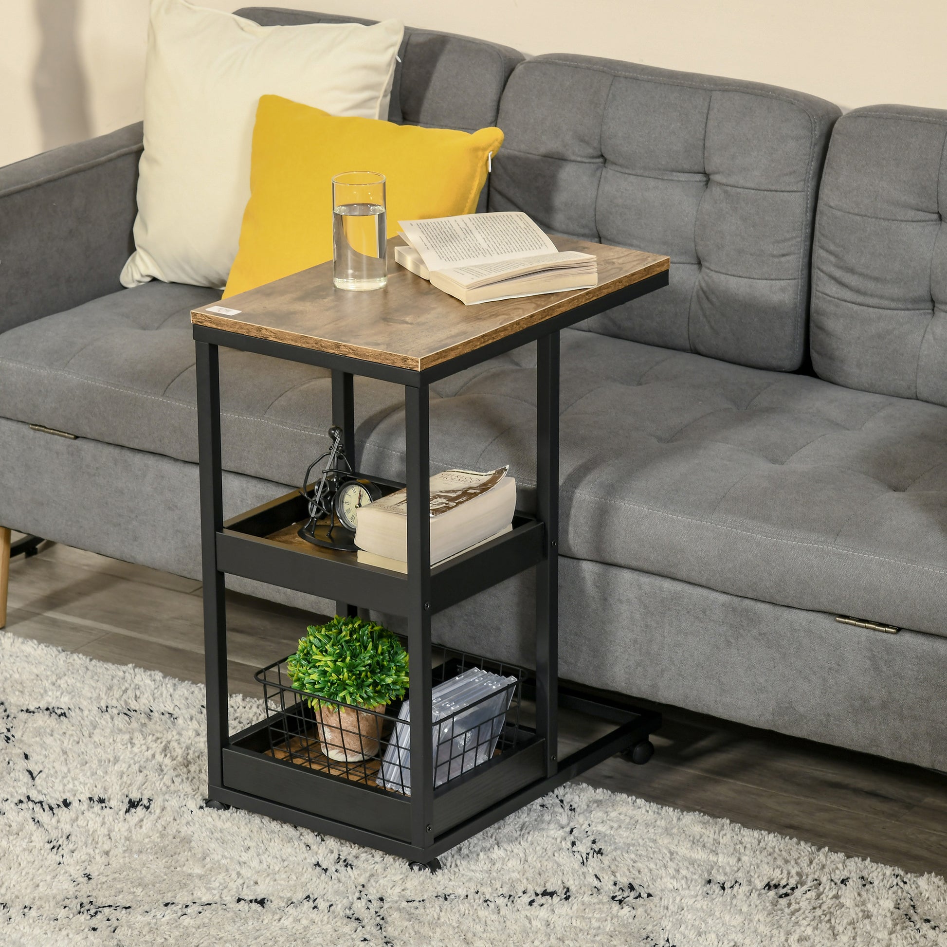 Side Table, Coffee Table with Wheels, Storage, Industrial Style for Living Room, Bedroom, Dark Brown, 51 x 33 x 66 cm