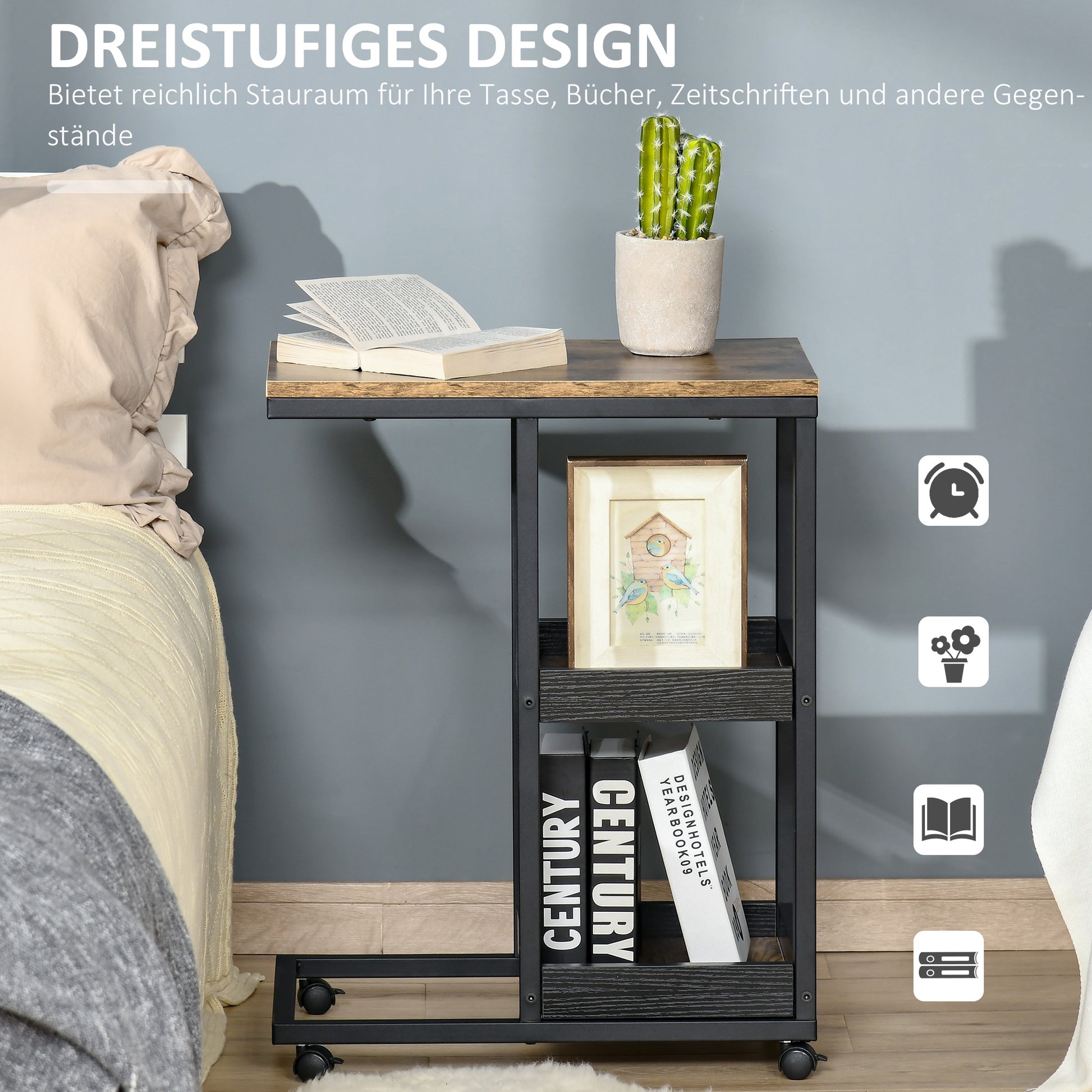 Side Table, Coffee Table with Wheels, Storage, Industrial Style for Living Room, Bedroom, Dark Brown, 51 x 33 x 66 cm