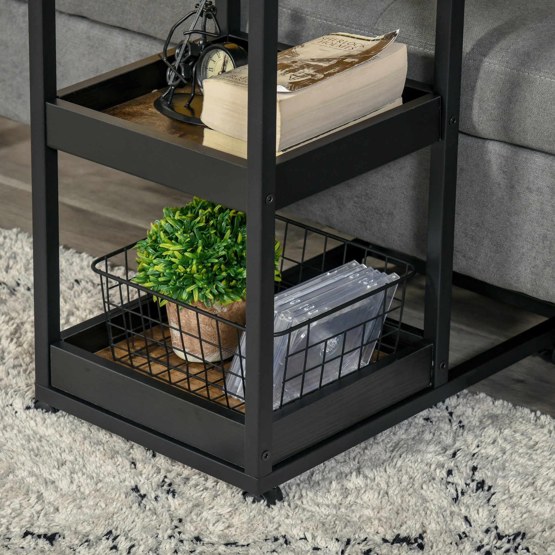 Side Table, Coffee Table with Wheels, Storage, Industrial Style for Living Room, Bedroom, Dark Brown, 51 x 33 x 66 cm