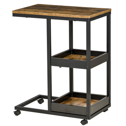Side Table, Coffee Table with Wheels, Storage, Industrial Style for Living Room, Bedroom, Dark Brown, 51 x 33 x 66 cm