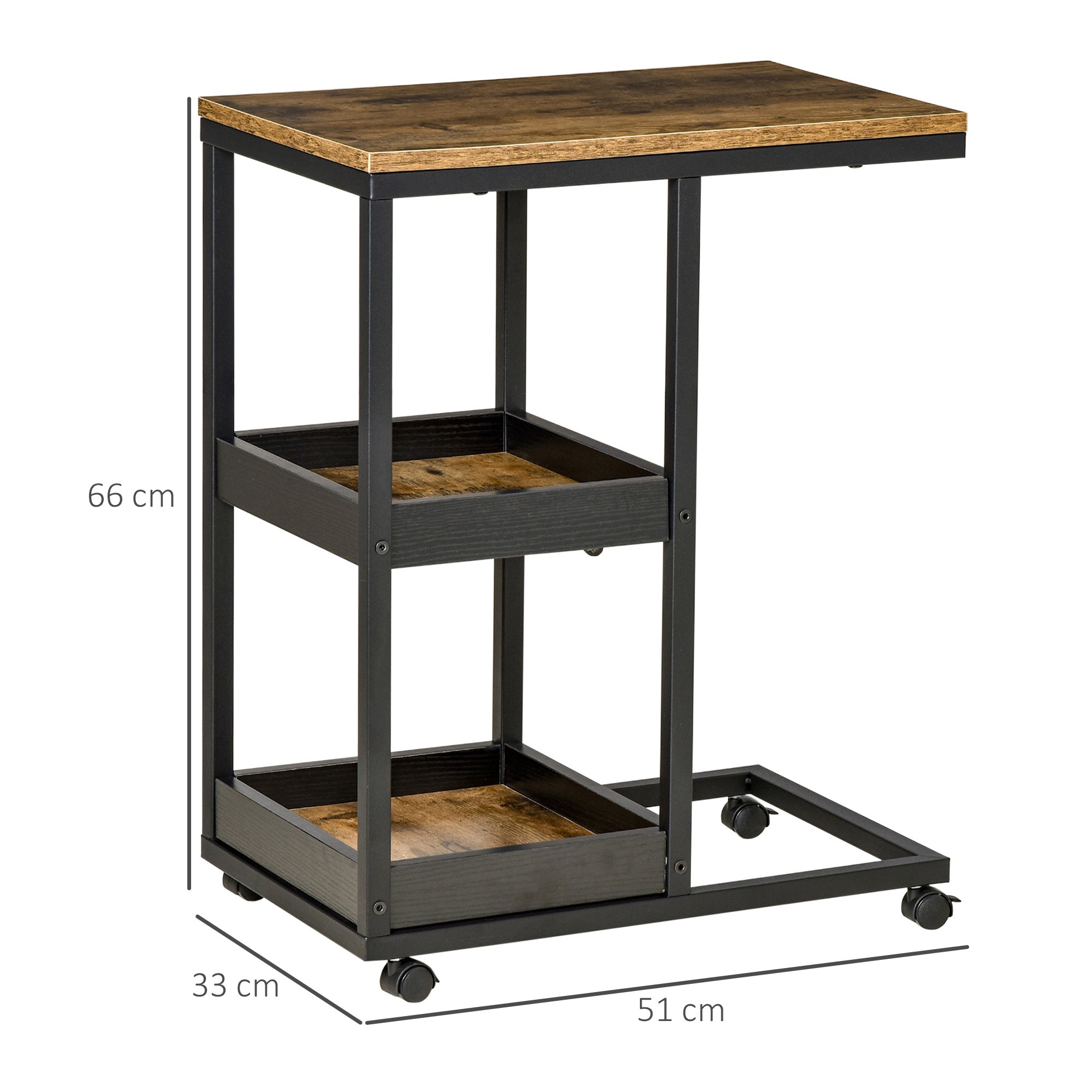 Side Table, Coffee Table with Wheels, Storage, Industrial Style for Living Room, Bedroom, Dark Brown, 51 x 33 x 66 cm