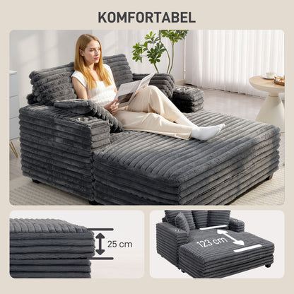 2-Seater Sofa Bed with Chaise, Gray Corduroy, Throw Pillows, Armrests & Cup Holders – 53" x 59"