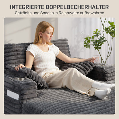 2-Seater Sofa Bed with Chaise, Gray Corduroy, Throw Pillows, Armrests & Cup Holders – 53" x 59"