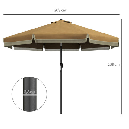 Sun Umbrella, Ø265 cm Patio Umbrella with Fringe, Tiltable Beach Umbrella with 8 Ribs, for Garden, Balcony, Khaki