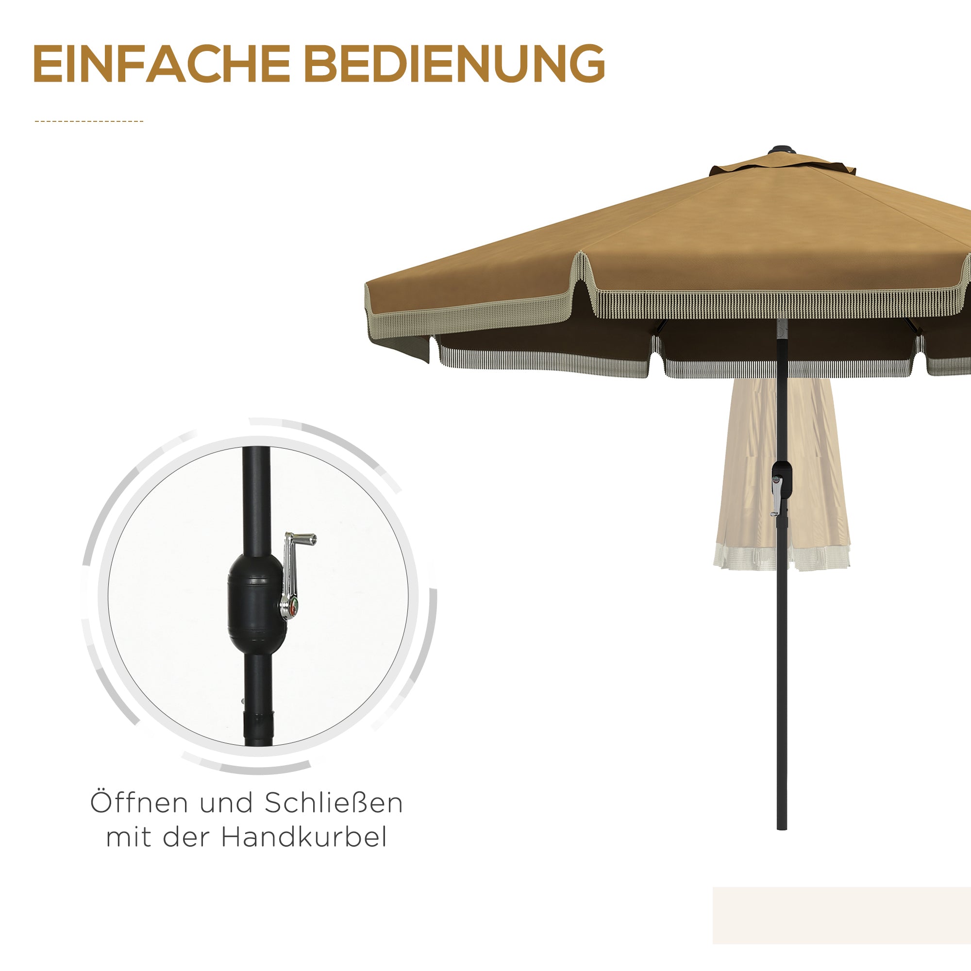 Sun Umbrella, Ø265 cm Patio Umbrella with Fringe, Tiltable Beach Umbrella with 8 Ribs, for Garden, Balcony, Khaki