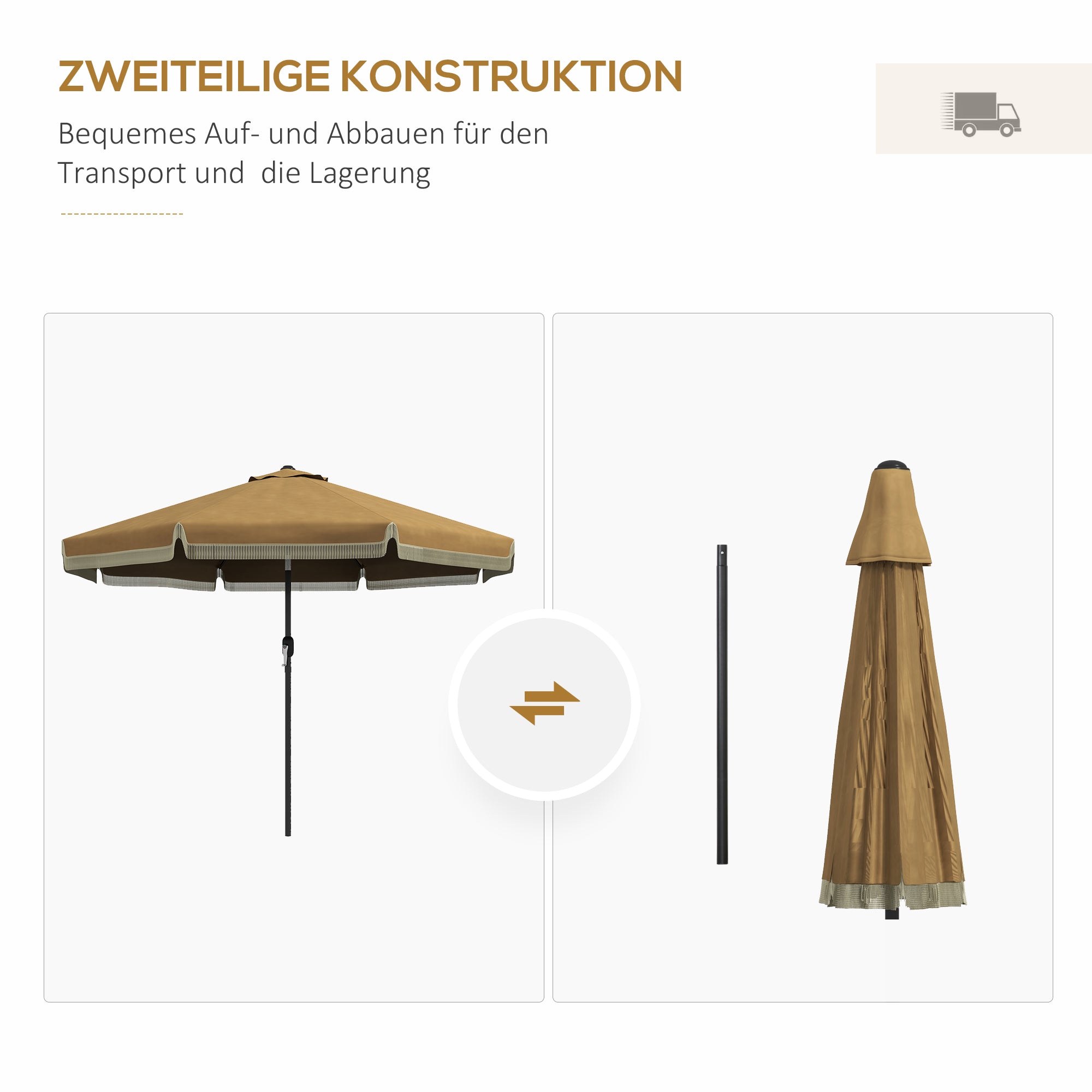 Sun Umbrella, Ø265 cm Patio Umbrella with Fringe, Tiltable Beach Umbrella with 8 Ribs, for Garden, Balcony, Khaki