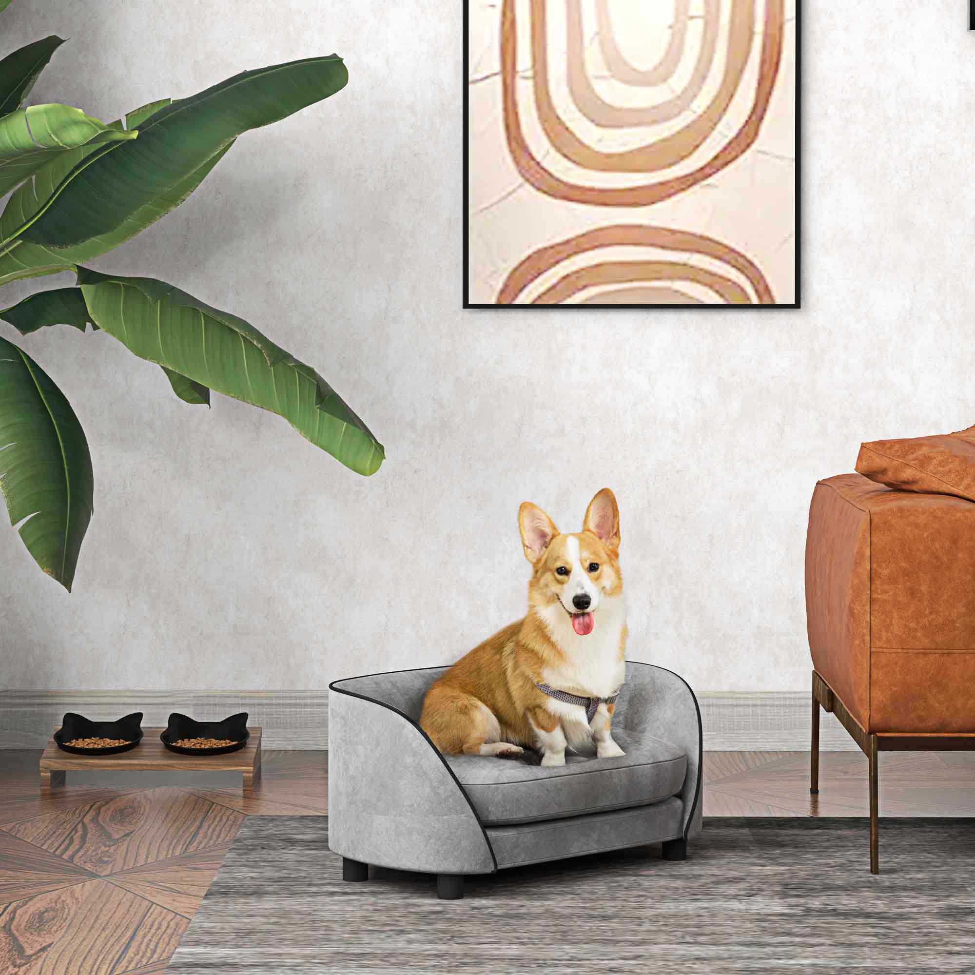 Dog Sofa, Cat Sofa, Soft Cushion, Removable and Washable Cover, Dutch Velvet Covering, for Small to Medium-Sized Dogs, Gray