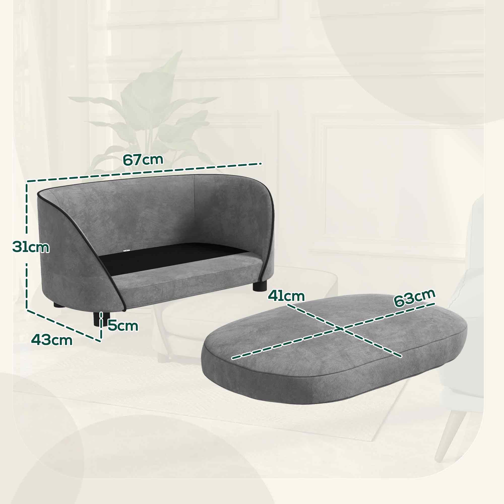 Dog Sofa, Cat Sofa, Soft Cushion, Removable and Washable Cover, Dutch Velvet Covering, for Small to Medium-Sized Dogs, Gray