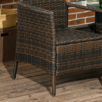 2 Modern Rattan Garden Chairs with Removable Cushions and Coffee Table with Tempered Glass Top, 138x60x87 cm, Brown