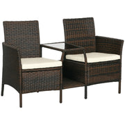 2 Modern Rattan Garden Chairs with Removable Cushions and Coffee Table with Tempered Glass Top, 138x60x87 cm, Brown