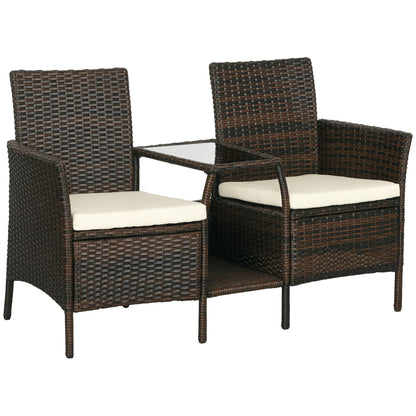2 Modern Rattan Garden Chairs with Removable Cushions and Coffee Table with Tempered Glass Top, 138x60x87 cm, Brown