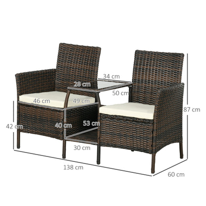 2 Modern Rattan Garden Chairs with Removable Cushions and Coffee Table with Tempered Glass Top, 138x60x87 cm, Brown