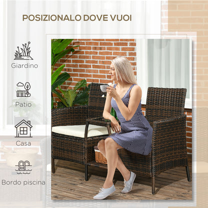 2 Modern Rattan Garden Chairs with Removable Cushions and Coffee Table with Tempered Glass Top, 138x60x87 cm, Brown