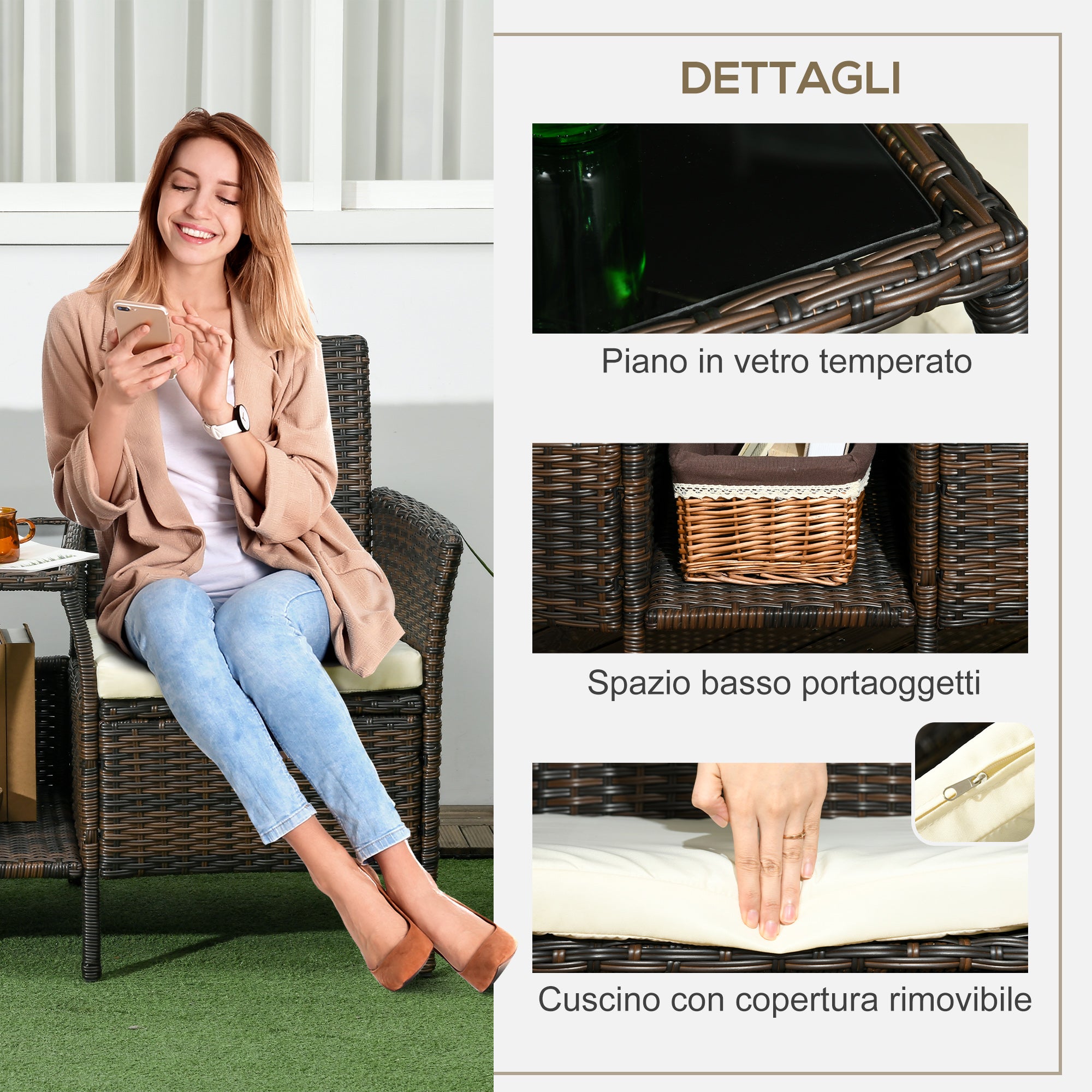 2 Modern Rattan Garden Chairs with Removable Cushions and Coffee Table with Tempered Glass Top, 138x60x87 cm, Brown