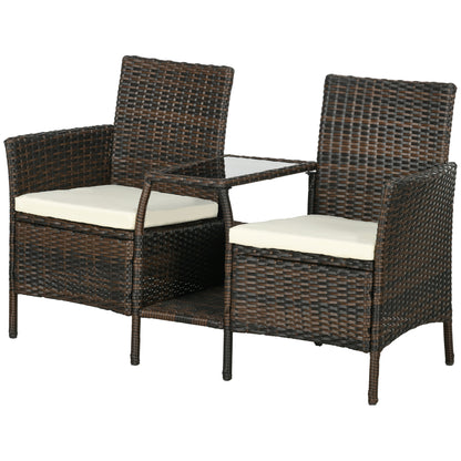 2 Modern Rattan Garden Chairs with Removable Cushions and Coffee Table with Tempered Glass Top, 138x60x87 cm, Brown