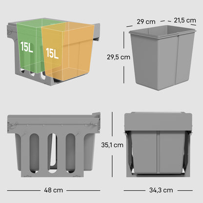 Under-Cabinet Pull-Out Trash Bin — 2 Removable 15L Bins (Total 30 L), Soft-Close Slides, Light Gray