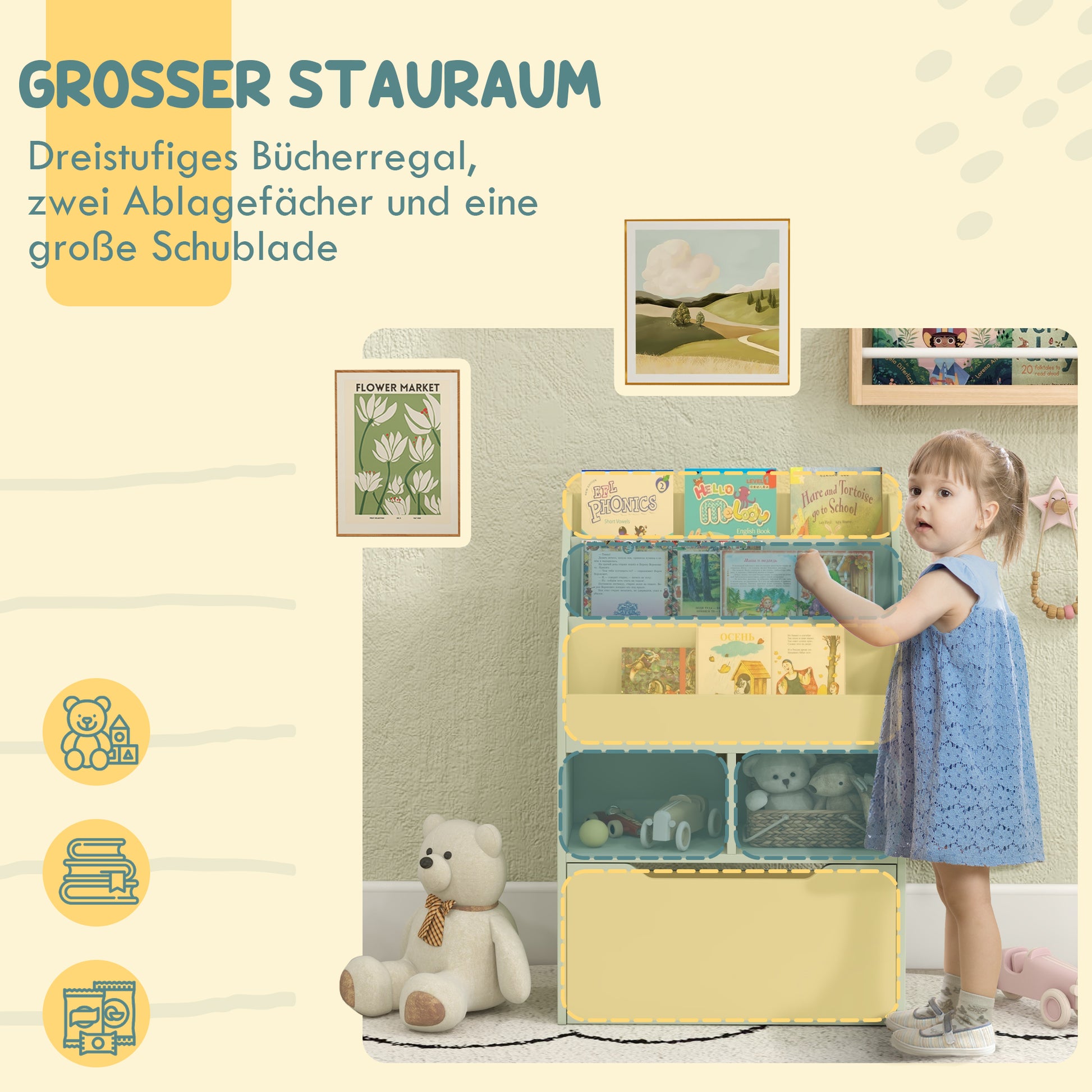 Children's Bookshelf Kids shelf with Drawer, 3 Shelves, and 2 Open Shelves, Storage Rack for Kids' Room, Playroom, Light Green, 60 x 29.9 x 90 cm