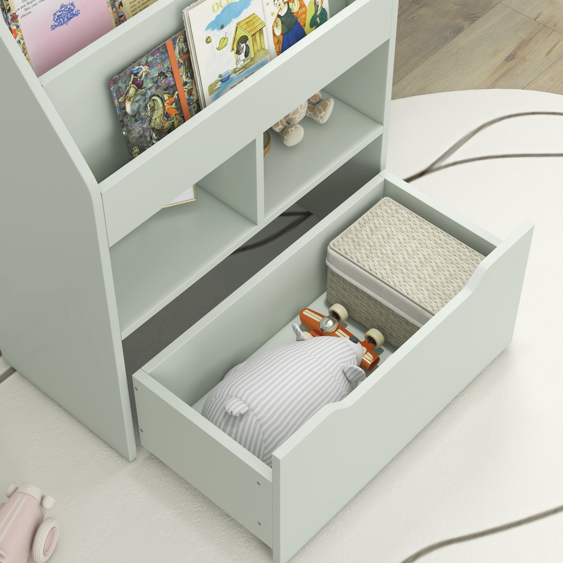 Children's Bookshelf Kids shelf with Drawer, 3 Shelves, and 2 Open Shelves, Storage Rack for Kids' Room, Playroom, Light Green, 60 x 29.9 x 90 cm