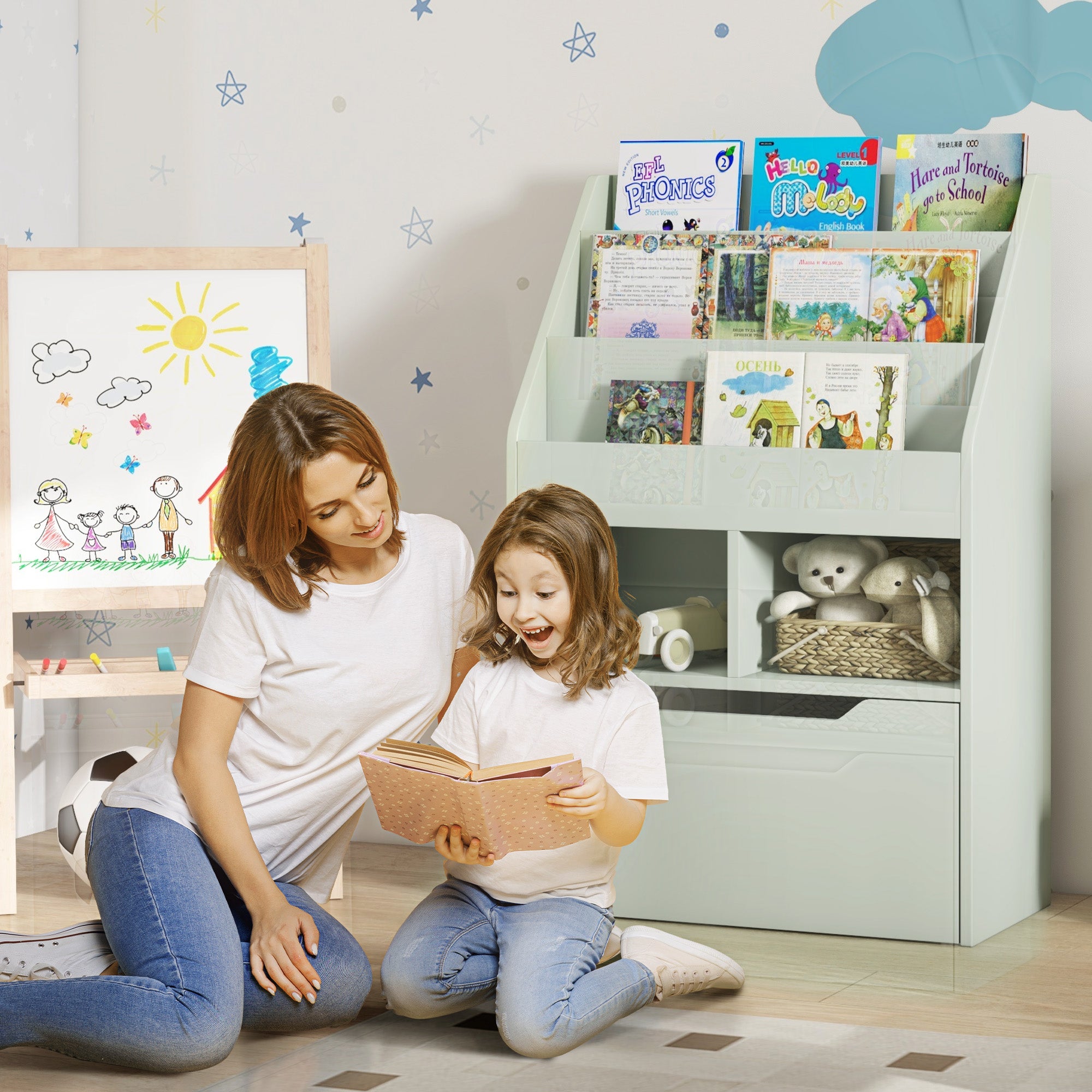 Children's Bookshelf Kids shelf with Drawer, 3 Shelves, and 2 Open Shelves, Storage Rack for Kids' Room, Playroom, Light Green, 60 x 29.9 x 90 cm