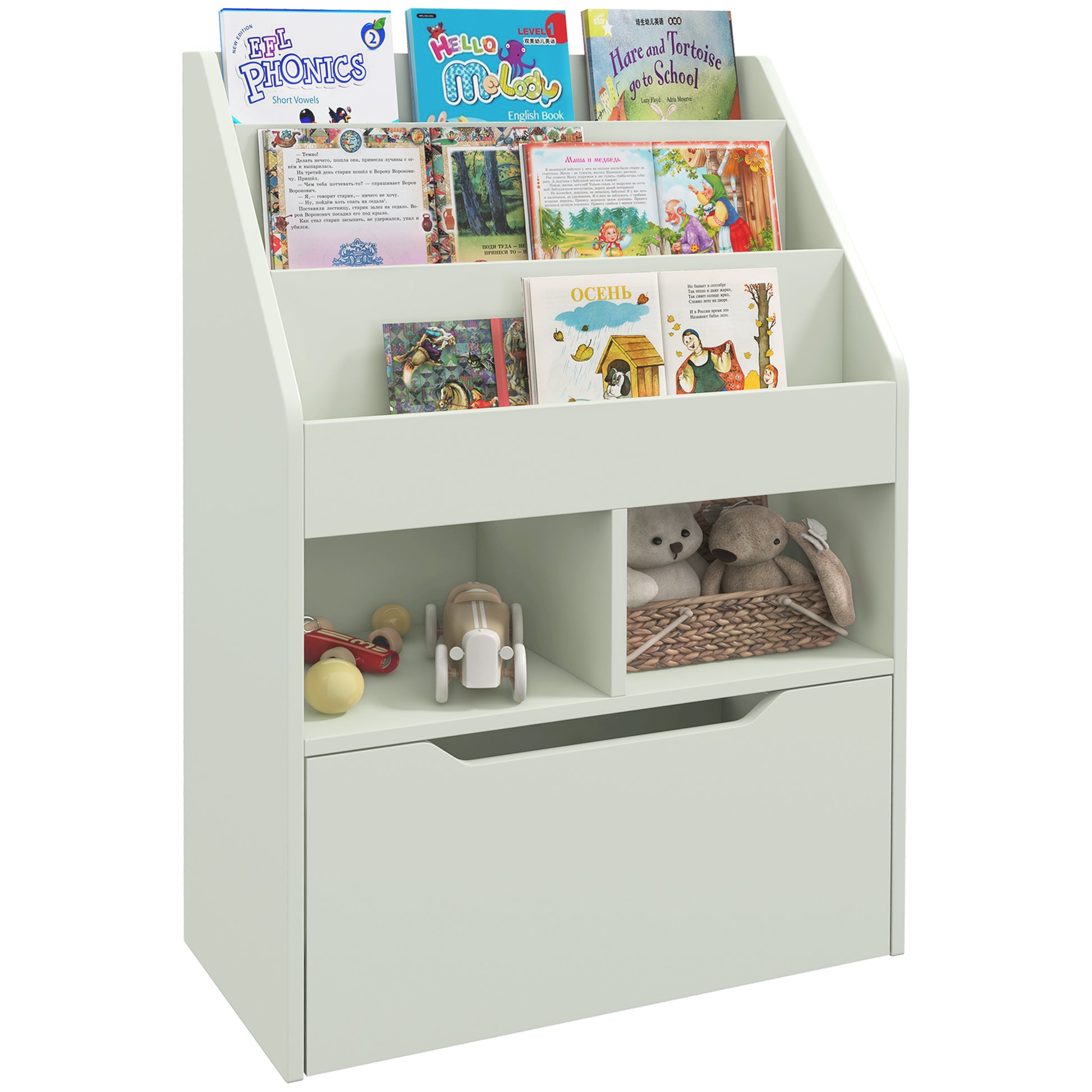 Children's Bookshelf Kids shelf with Drawer, 3 Shelves, and 2 Open Shelves, Storage Rack for Kids' Room, Playroom, Light Green, 60 x 29.9 x 90 cm