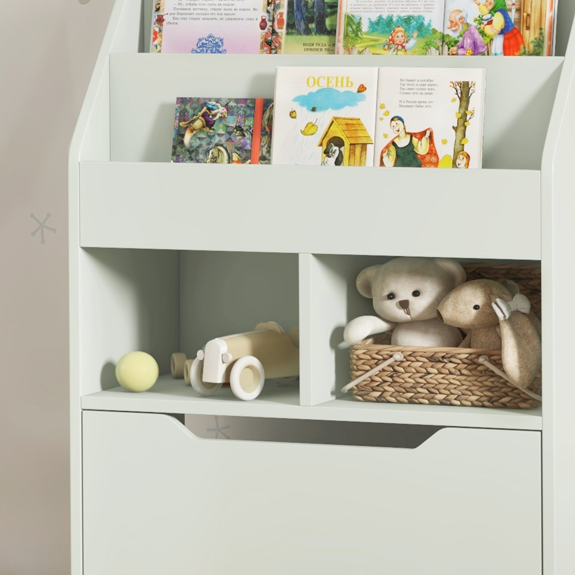 Children's Bookshelf Kids shelf with Drawer, 3 Shelves, and 2 Open Shelves, Storage Rack for Kids' Room, Playroom, Light Green, 60 x 29.9 x 90 cm