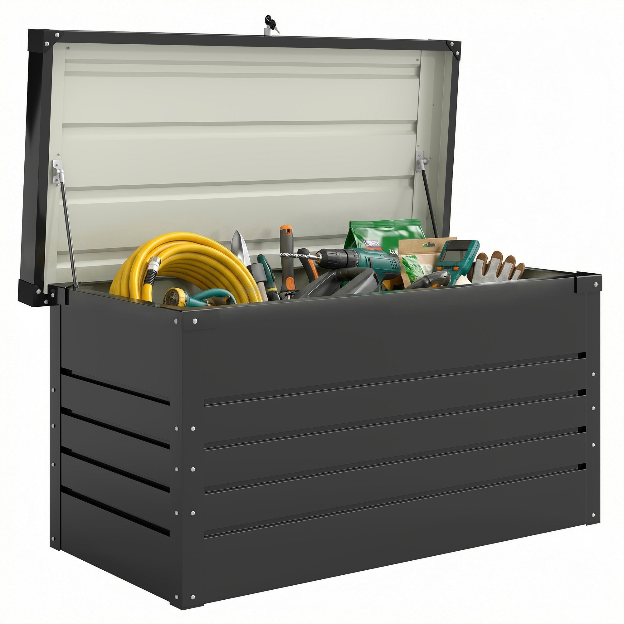 450L Metal Garden Storage Box — Lockable, Water-Resistant Cushion Chest with Double-Wall Lid & Gloves, 47.2×24.0×24.4 in (120×61×62 cm), Gray