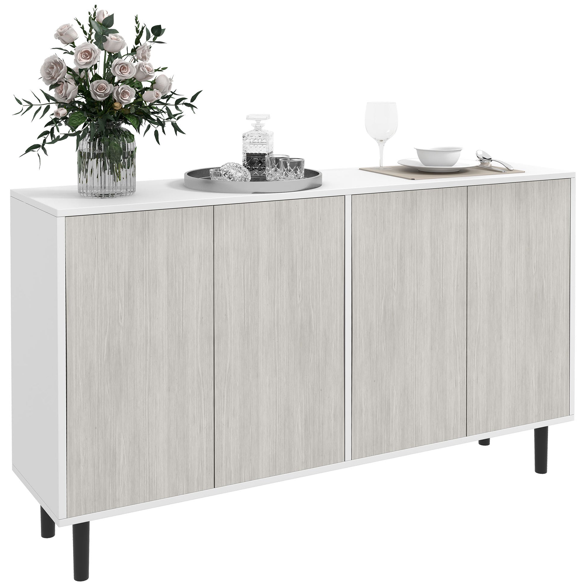 Buffet Kitchen Storage Cabinet with 2 Double Door Cabinets with Height-Adjustable Shelves, 121 x 37 x 75 cm, White and Woodgrain Gray