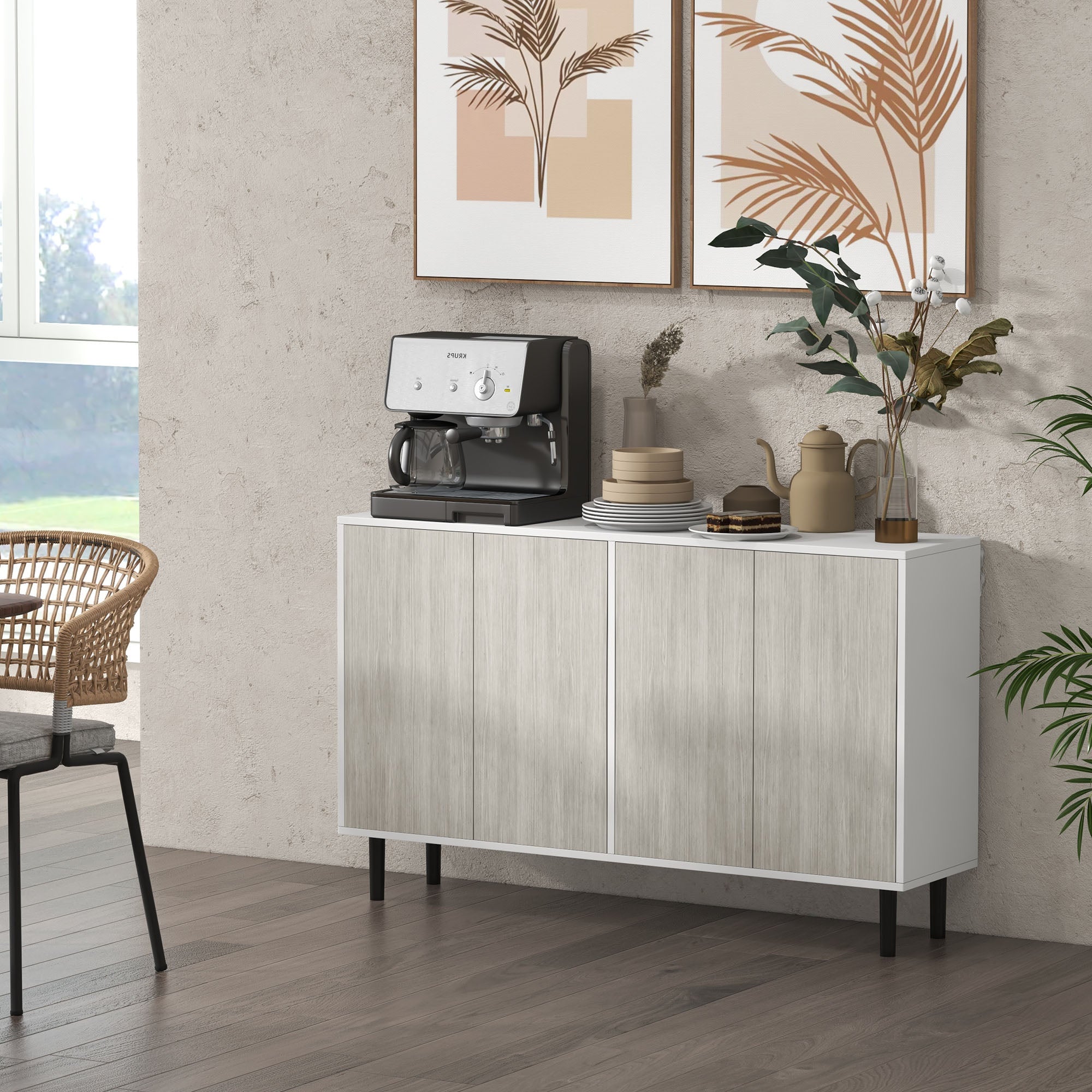 Buffet Kitchen Storage Cabinet with 2 Double Door Cabinets with Height-Adjustable Shelves, 121 x 37 x 75 cm, White and Woodgrain Gray