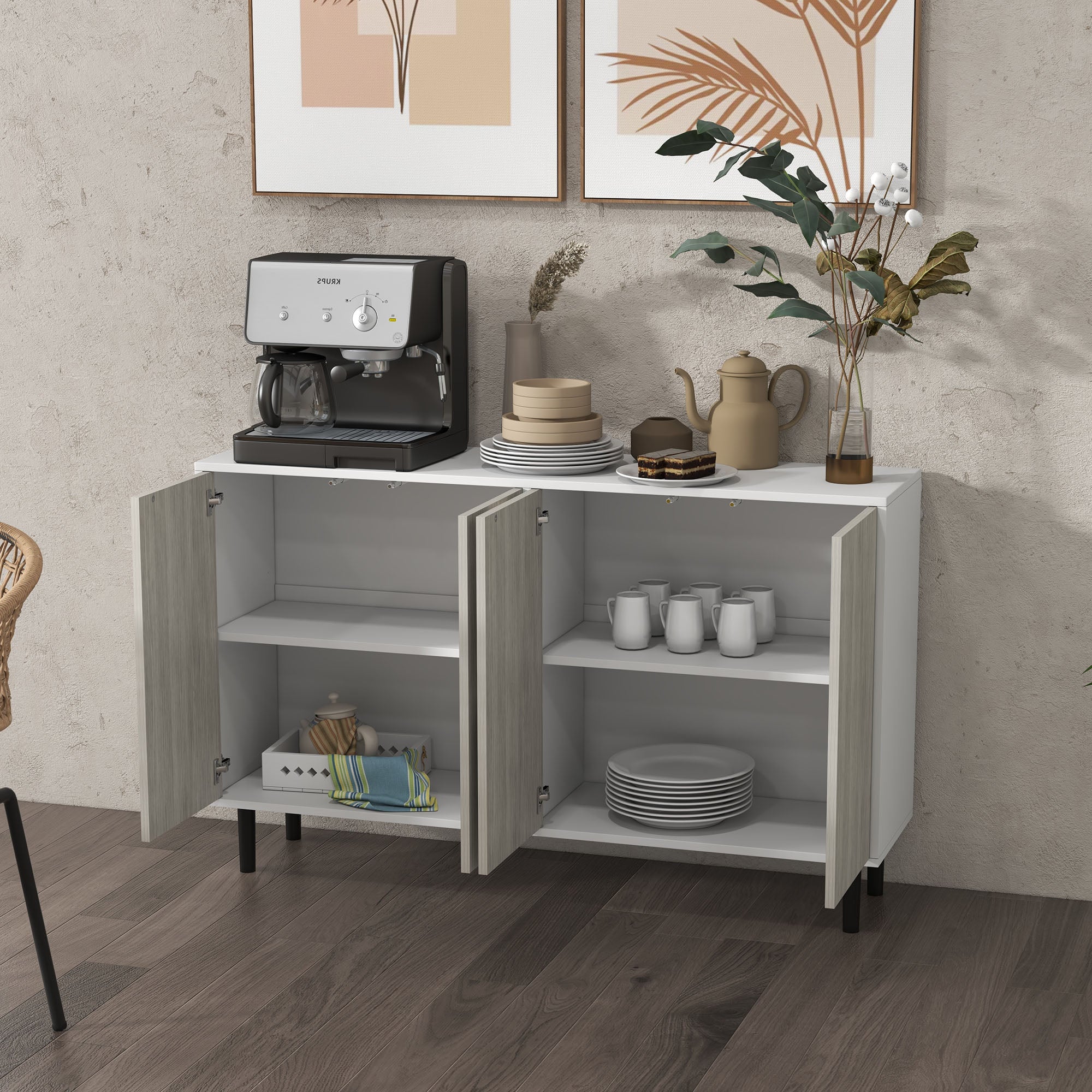 Buffet Kitchen Storage Cabinet with 2 Double Door Cabinets with Height-Adjustable Shelves, 121 x 37 x 75 cm, White and Woodgrain Gray