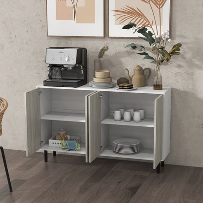 Buffet Kitchen Storage Cabinet with 2 Double Door Cabinets with Height-Adjustable Shelves, 121 x 37 x 75 cm, White and Woodgrain Gray
