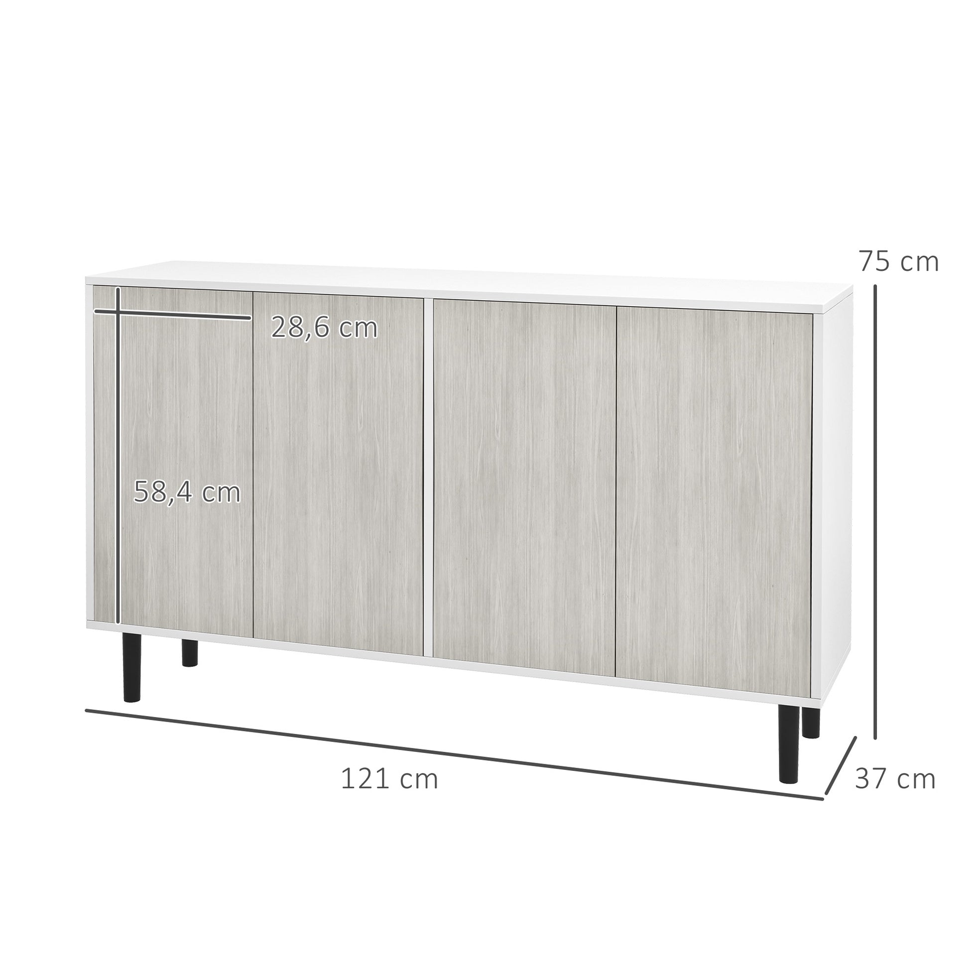 Buffet Kitchen Storage Cabinet with 2 Double Door Cabinets with Height-Adjustable Shelves, 121 x 37 x 75 cm, White and Woodgrain Gray